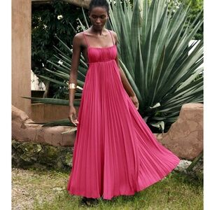 Pink Pleated Maxi Babydoll Dress Open Back Flowy Skirt Tie Straps